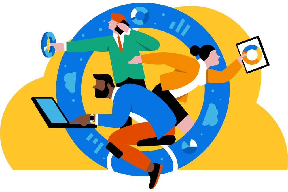 People around a circle with charts and devices