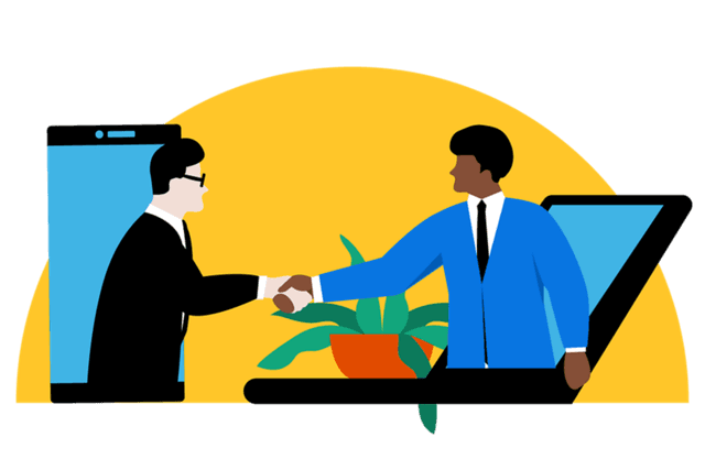 People shaking hands out of devices