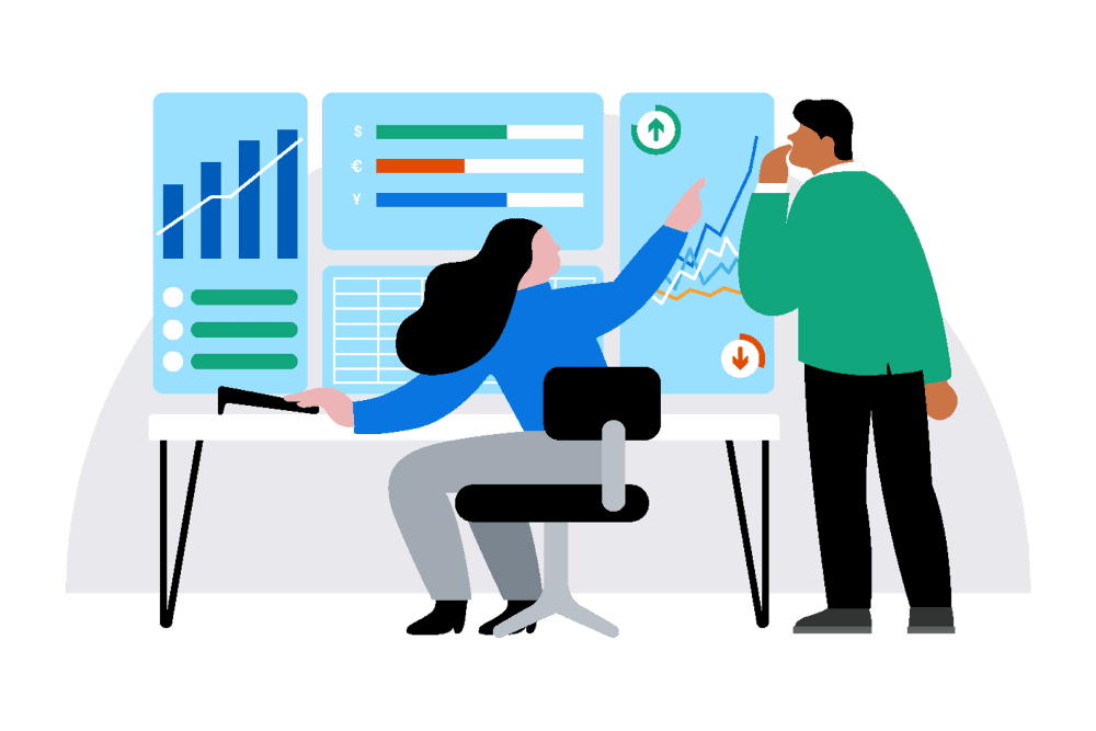 Man and woman examining data